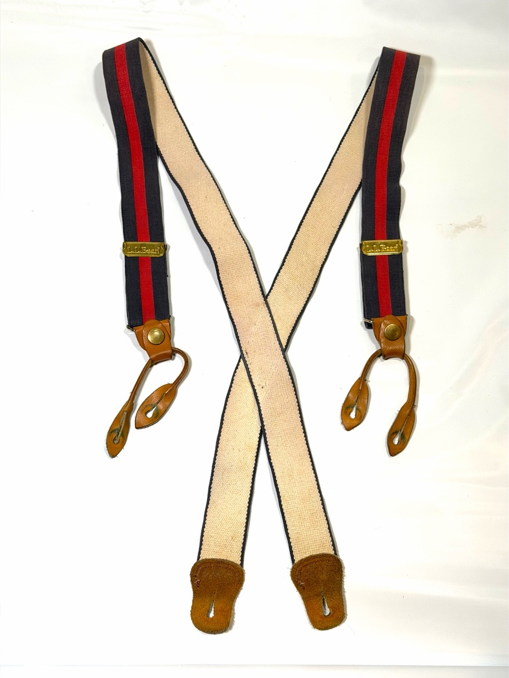L.L. Bean Vintage Men's Red and Navy Stripe Leather-Trim Suspenders
